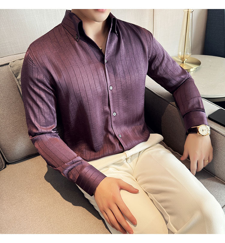 Long-sleeved dark striped casual shirt