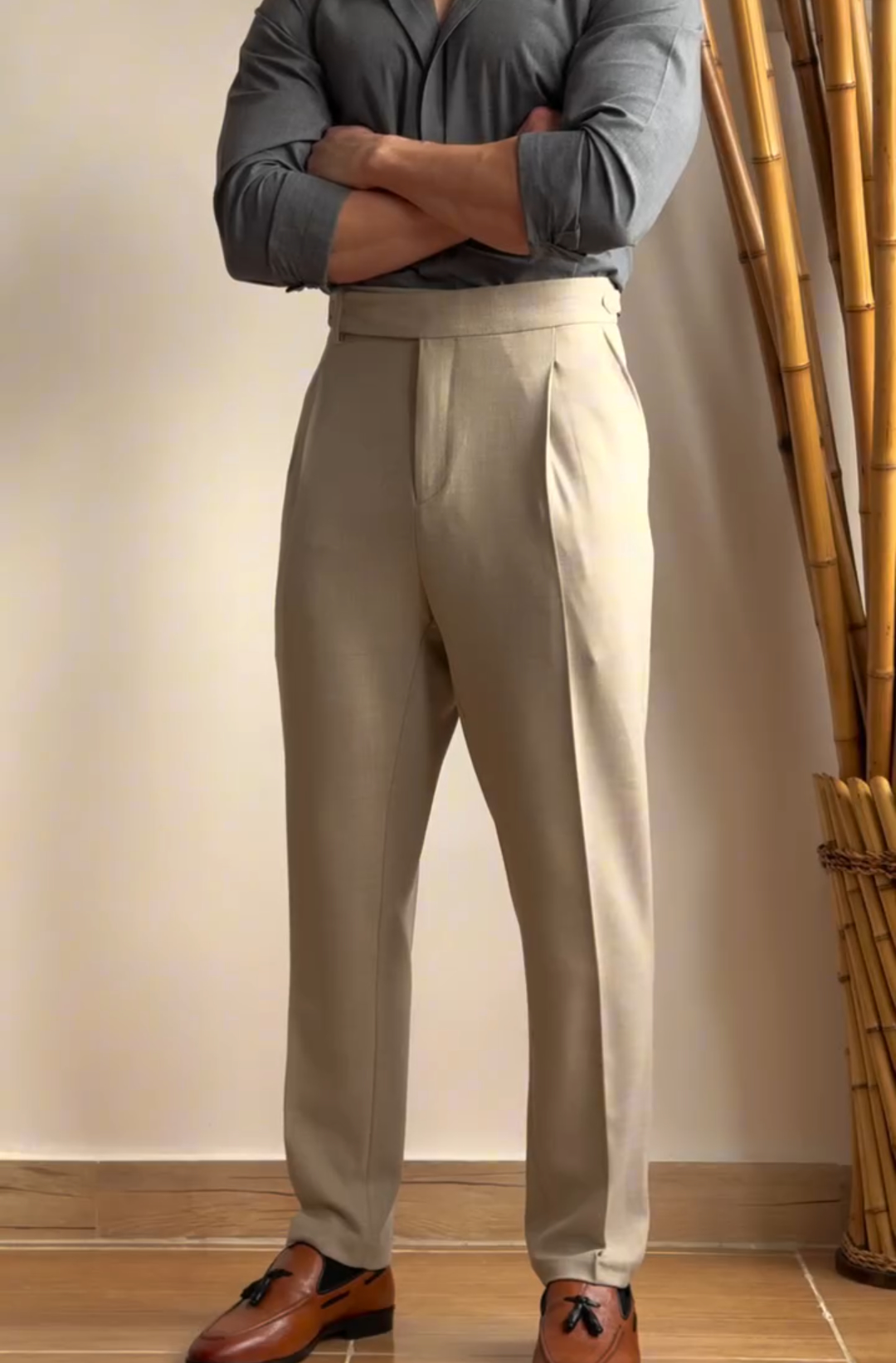Business draped straight-leg suit trousers.