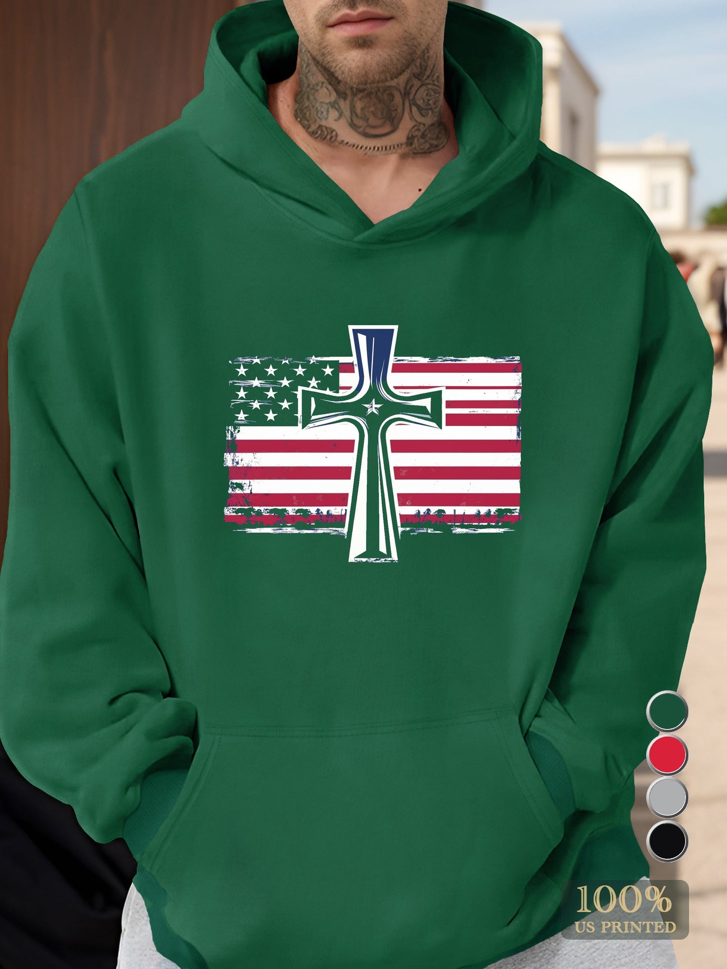 Sudadera con capucha para hombre con la bandera estadounidense y la cruz cristiana