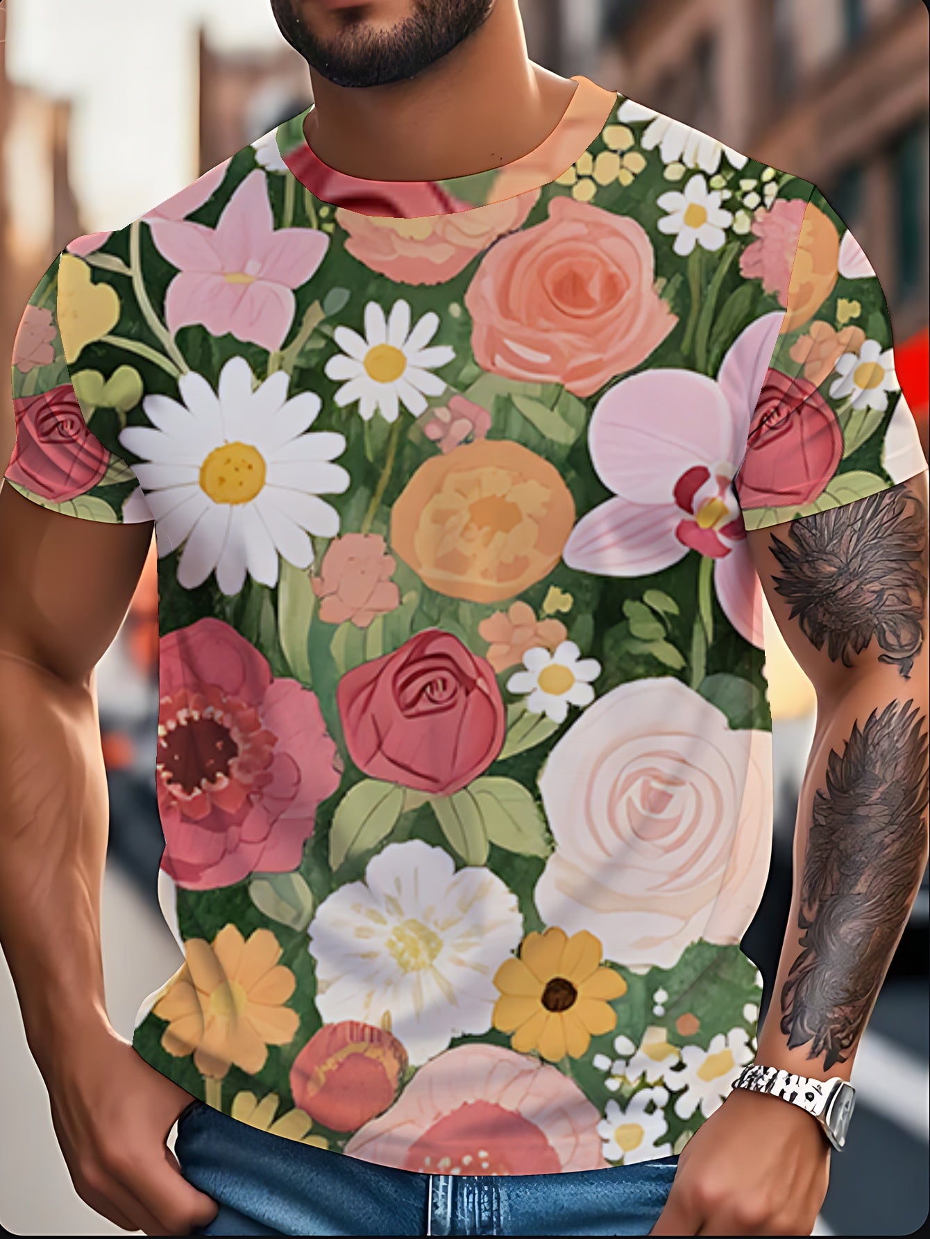 Colorful Floral Patterns Men's short-sleeved T-shirt summer T-shirt top full of print