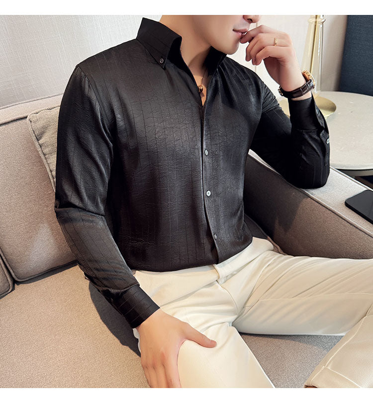 Long-sleeved dark striped casual shirt