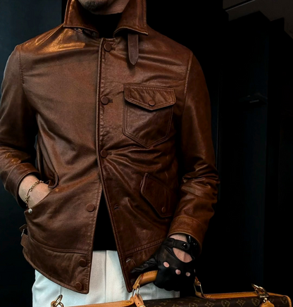 Lapel vintage leather jacket