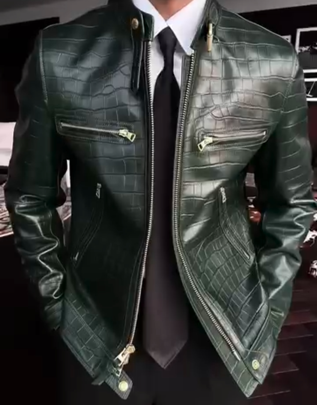 Stand collar leather motorcycle jacket