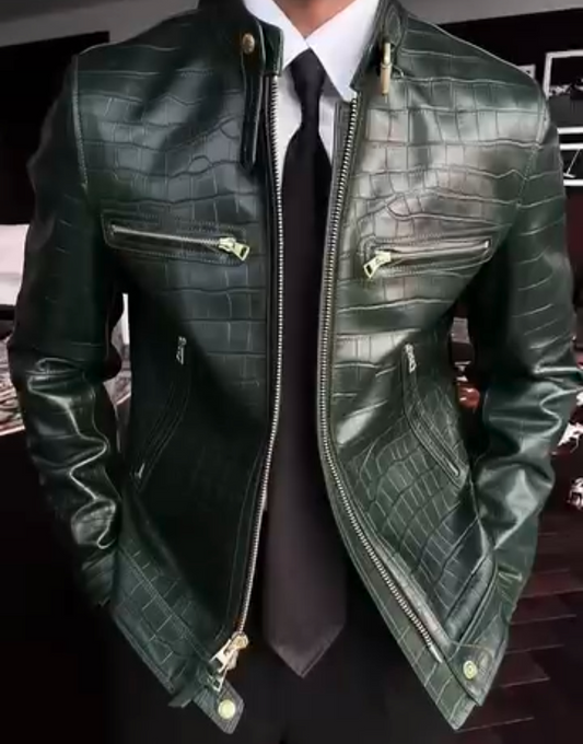 Stand collar leather motorcycle jacket