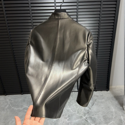 Minimalist collarless leather jacket