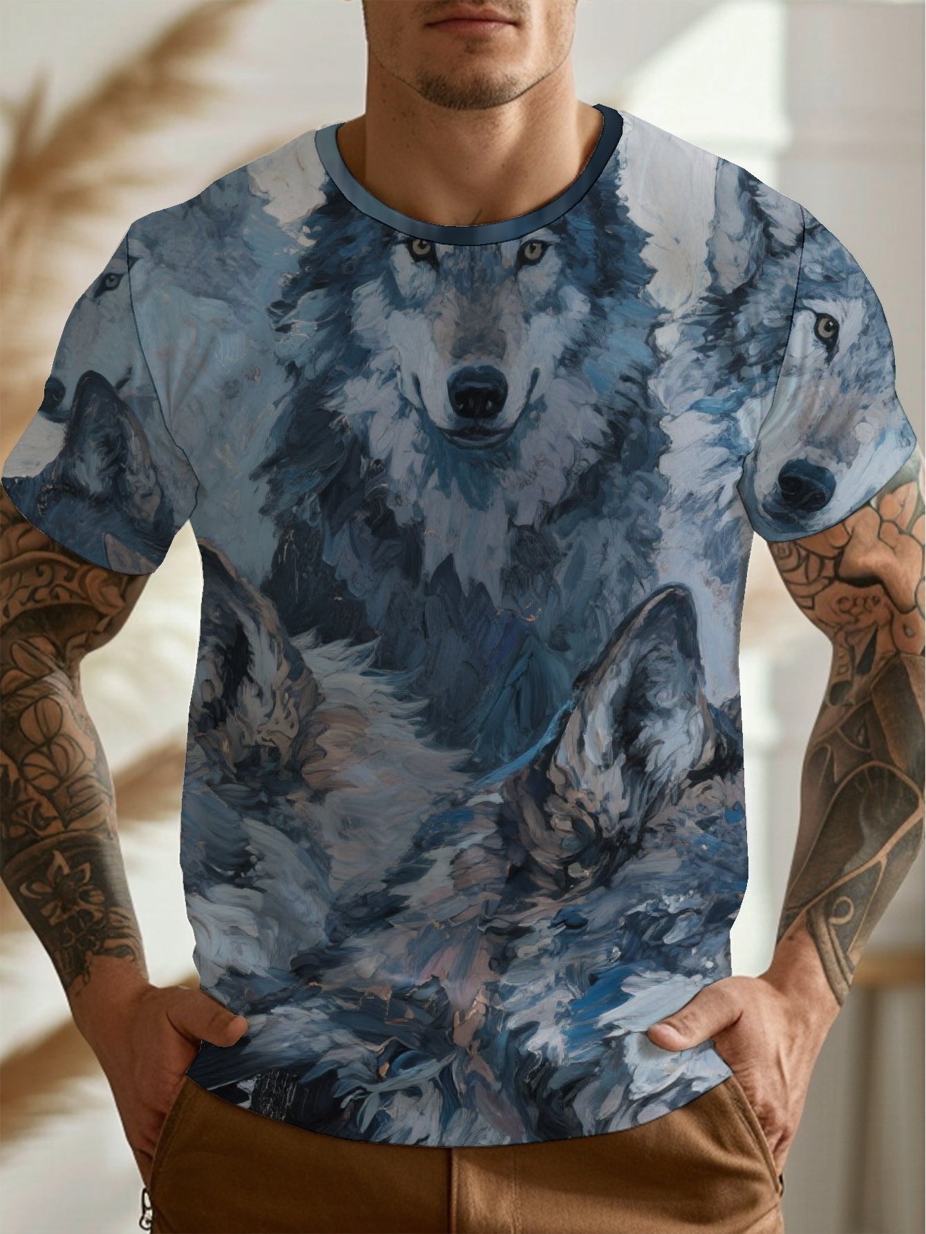 Watercolor Wolf Group Men's short-sleeved T-shirt summer T-shirt top full of print