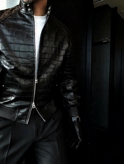 Stand collar leather jacket