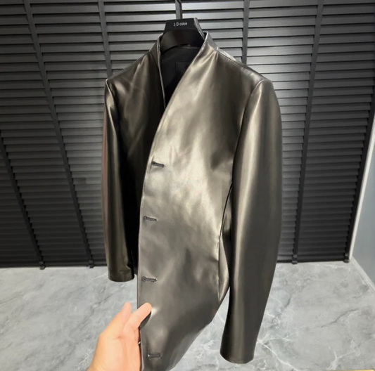 Minimalist collarless leather jacket