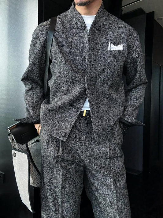 Stand collar casual jacket + trousers two-piece set