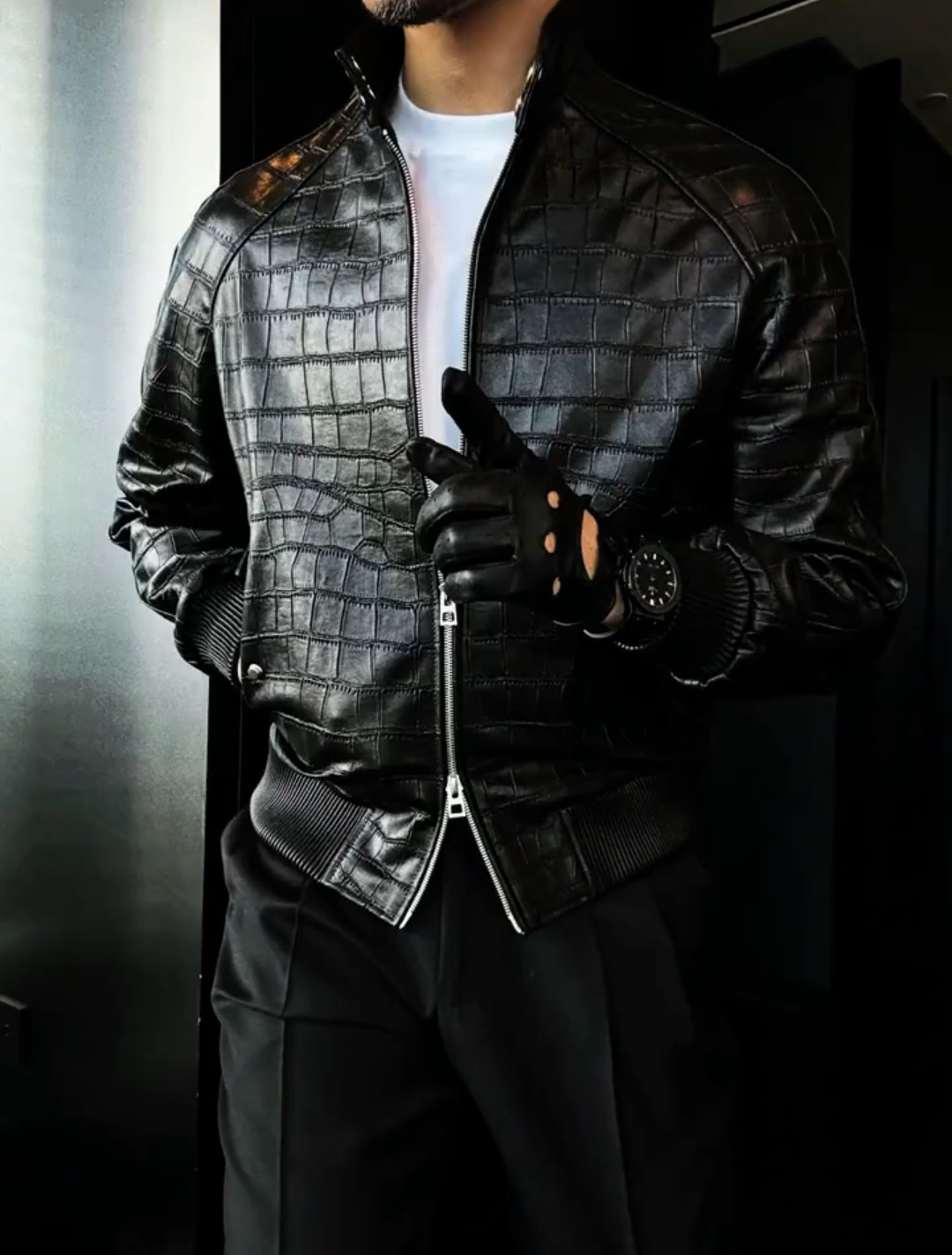 Stand collar leather jacket