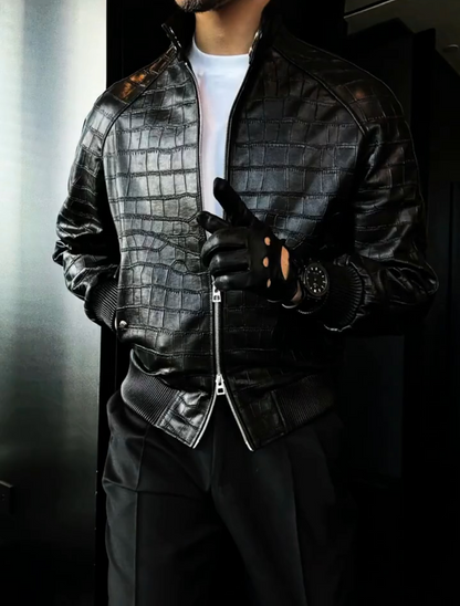 Stand collar leather jacket