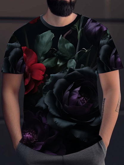 Dark Flowers Men's short-sleeved T-shirt summer T-shirt top full of print