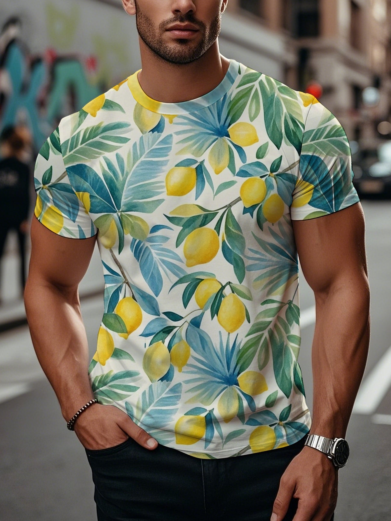 Watercolor Wolf Group Men's short-sleeved T-shirt summer T-shirt top full of print