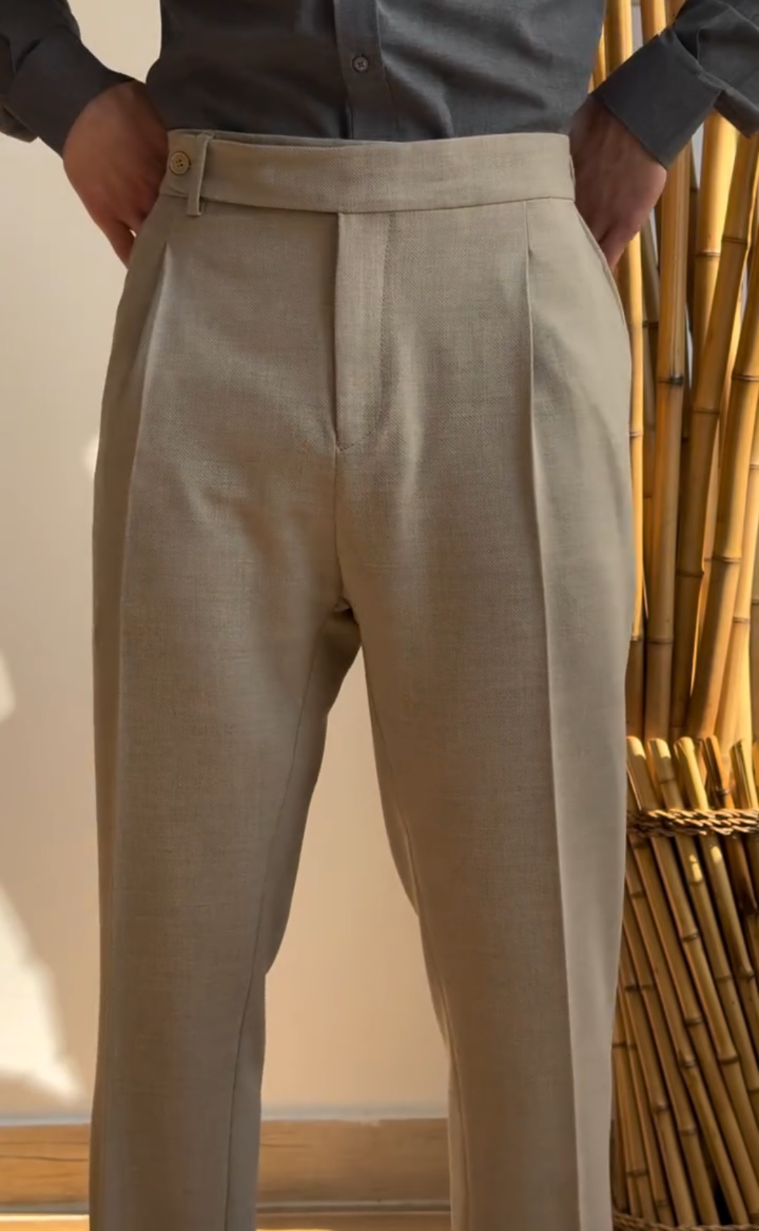 Business draped straight-leg suit trousers.