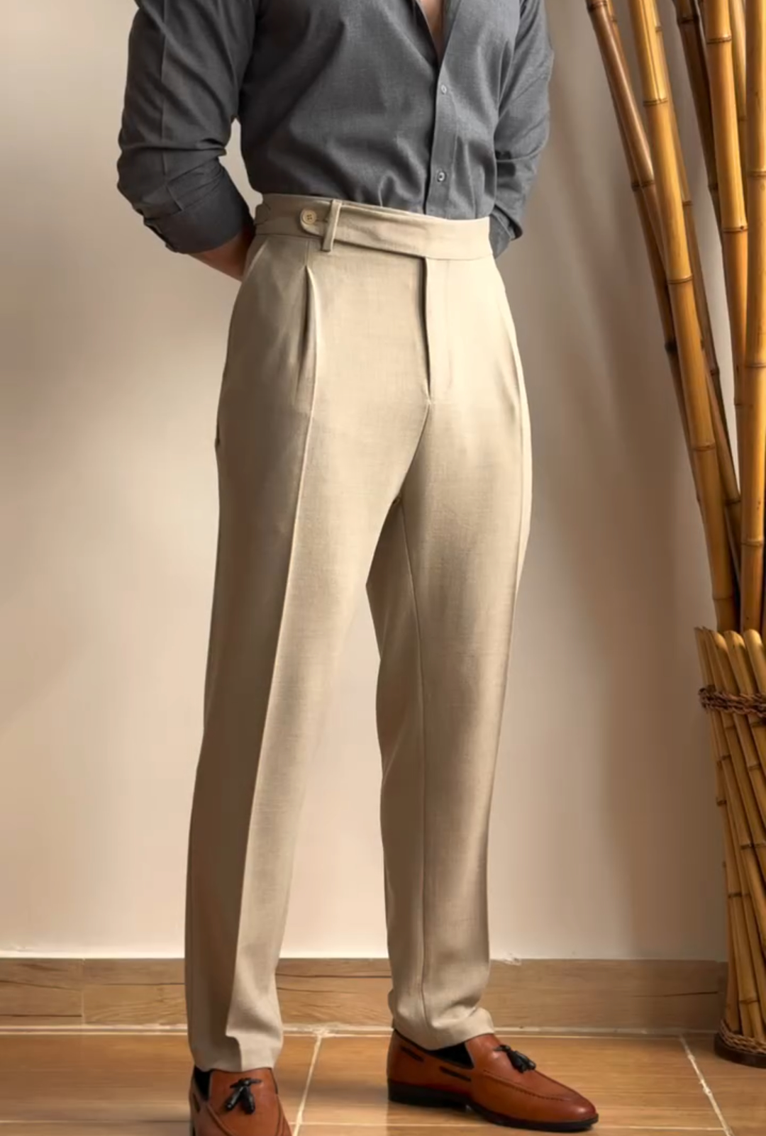 Business draped straight-leg suit trousers.